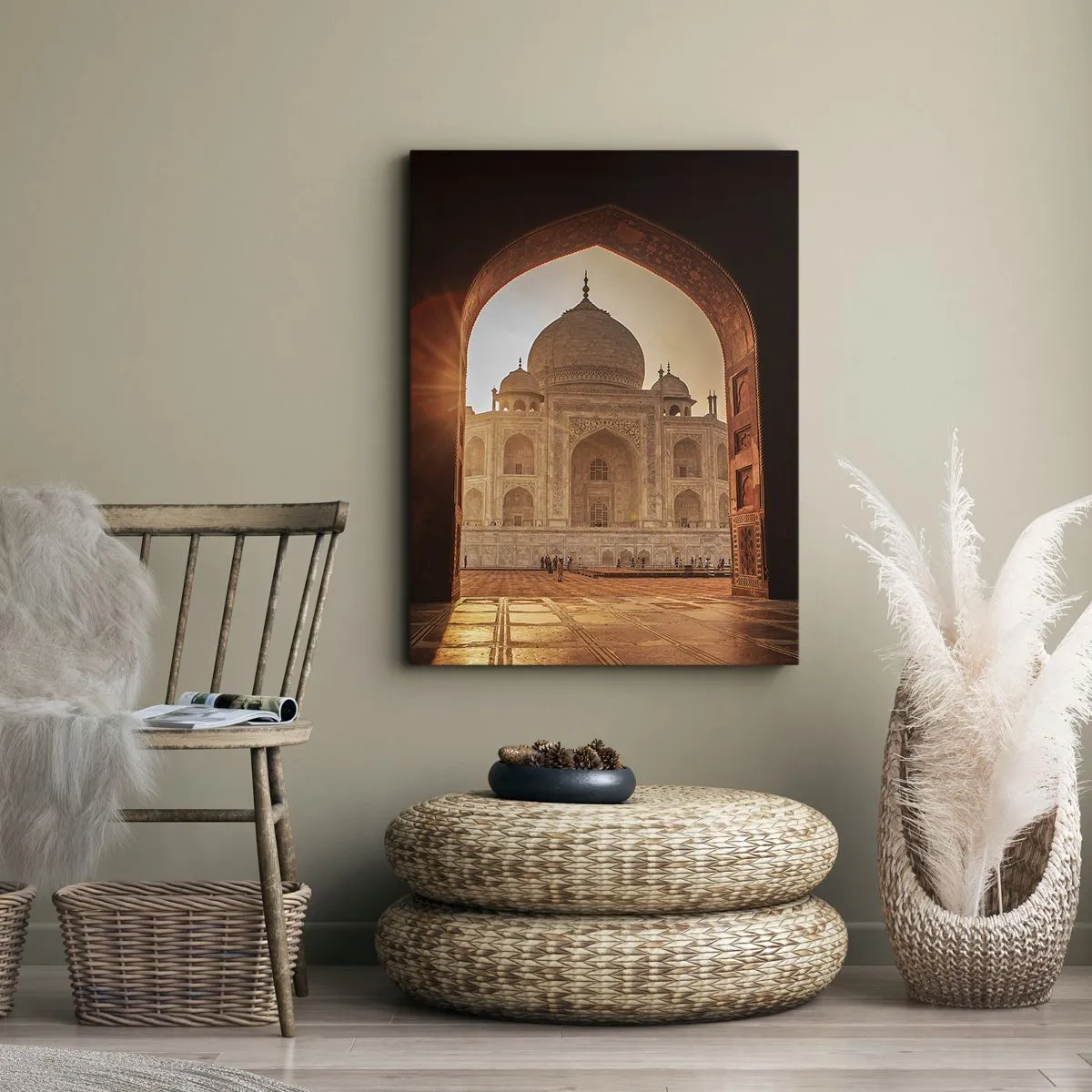 Bild auf Leinwand - Leinwandbild - Taj Mahal im Sonnenlicht vom Torbogen aus gesehen - 50x70cm - Denkmal der überirdischen Liebe - Moderne Wanddekoration für Wohnzimmer und Schlafzimmer ARTTOR