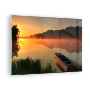 Glasbild - Bild auf glas - Sonnenaufgang über einem ruhigen See mit einem Boot am Ufer - 70x50cm - Sonnenaufgang über dem Wasser wie ein Spiegel - Moderne Wanddekoration für Wohnzimmer und Schlafzimmer ARTTOR