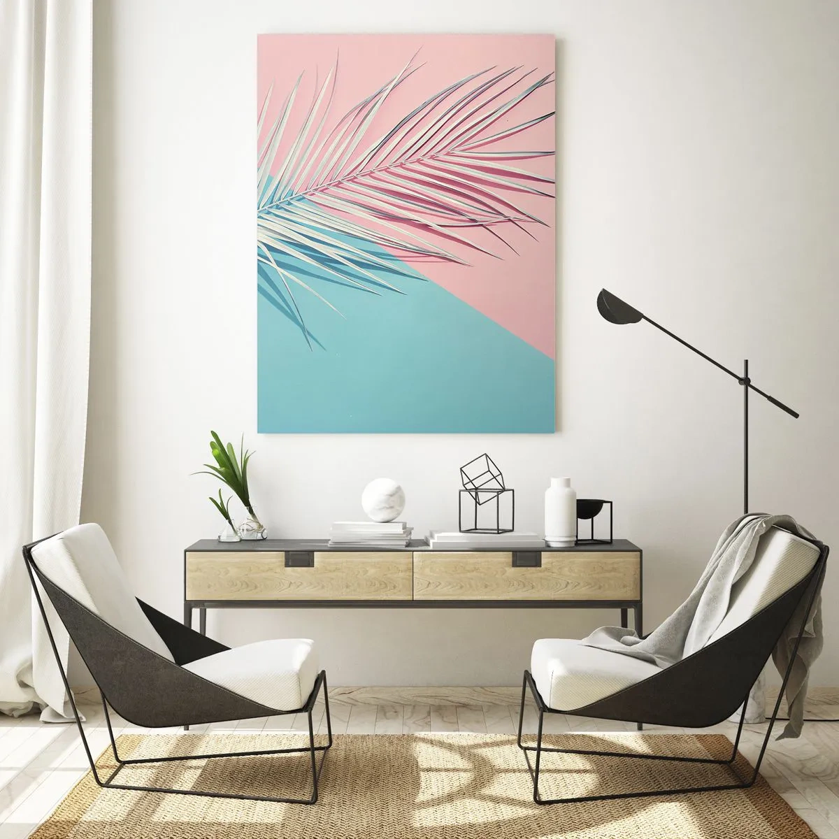 Glasbild - Bild auf glas - Tropisches Blatt vor einem Hintergrund in Pastelltönen von Rosa und Blau - 70x100cm - Tropischer Eindruck - Moderne Wanddekoration für Wohnzimmer und Schlafzimmer ARTTOR