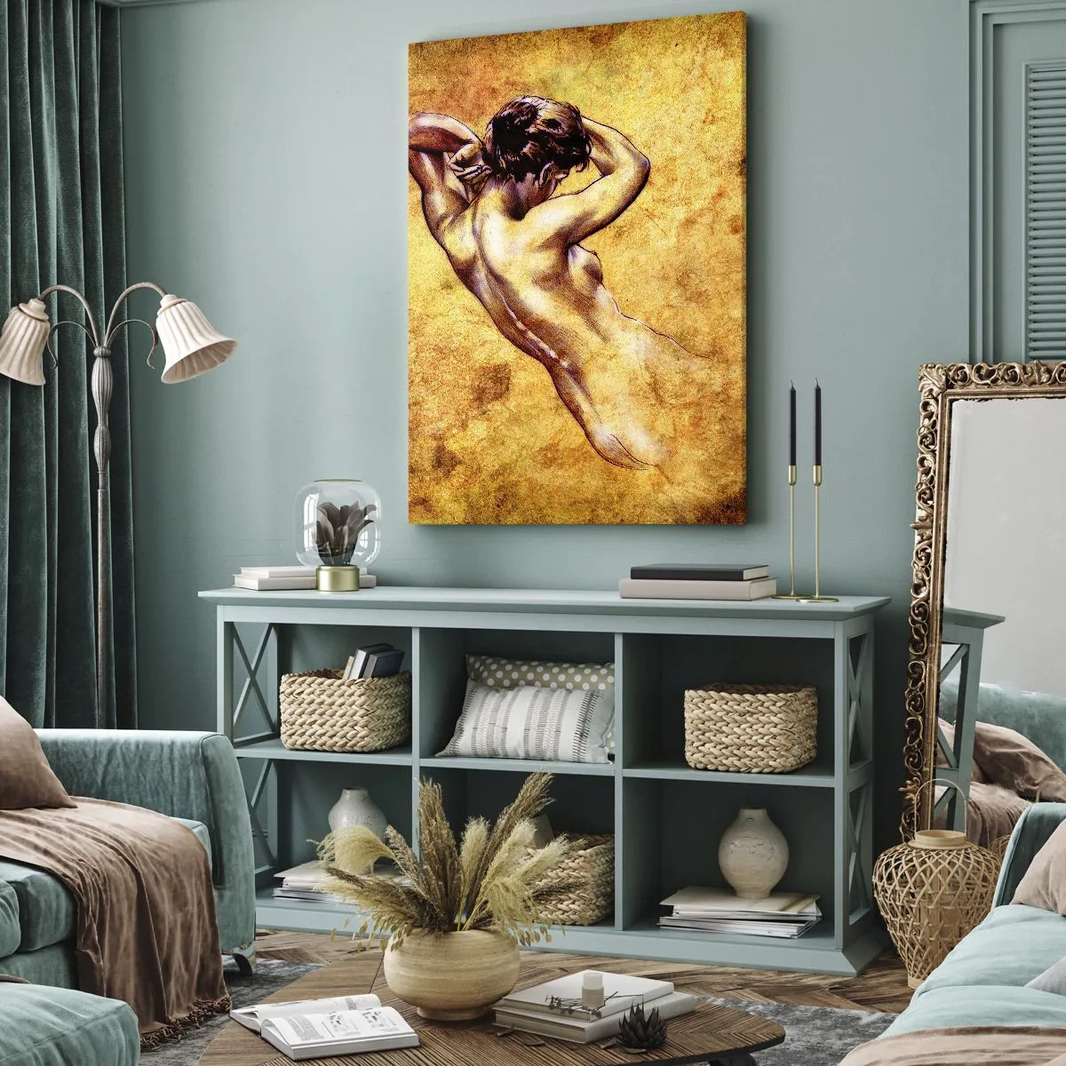 Bild auf Leinwand - Leinwandbild - Künstlerischer weiblicher Akt auf goldenem Hintergrund im klassischen Stil - 50x70cm - Entdeckt, aber immer noch ein Rätsel - Moderne Wanddekoration für Wohnzimmer und Schlafzimmer ARTTOR