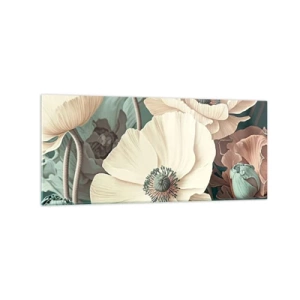 Glasbild - Bild auf glas - Elegante Blumen in Pastelltönen auf grünem Hintergrund - 120x50cm - Flüstern von Mohnblumen - Moderne Wanddekoration für Wohnzimmer und Schlafzimmer ARTTOR