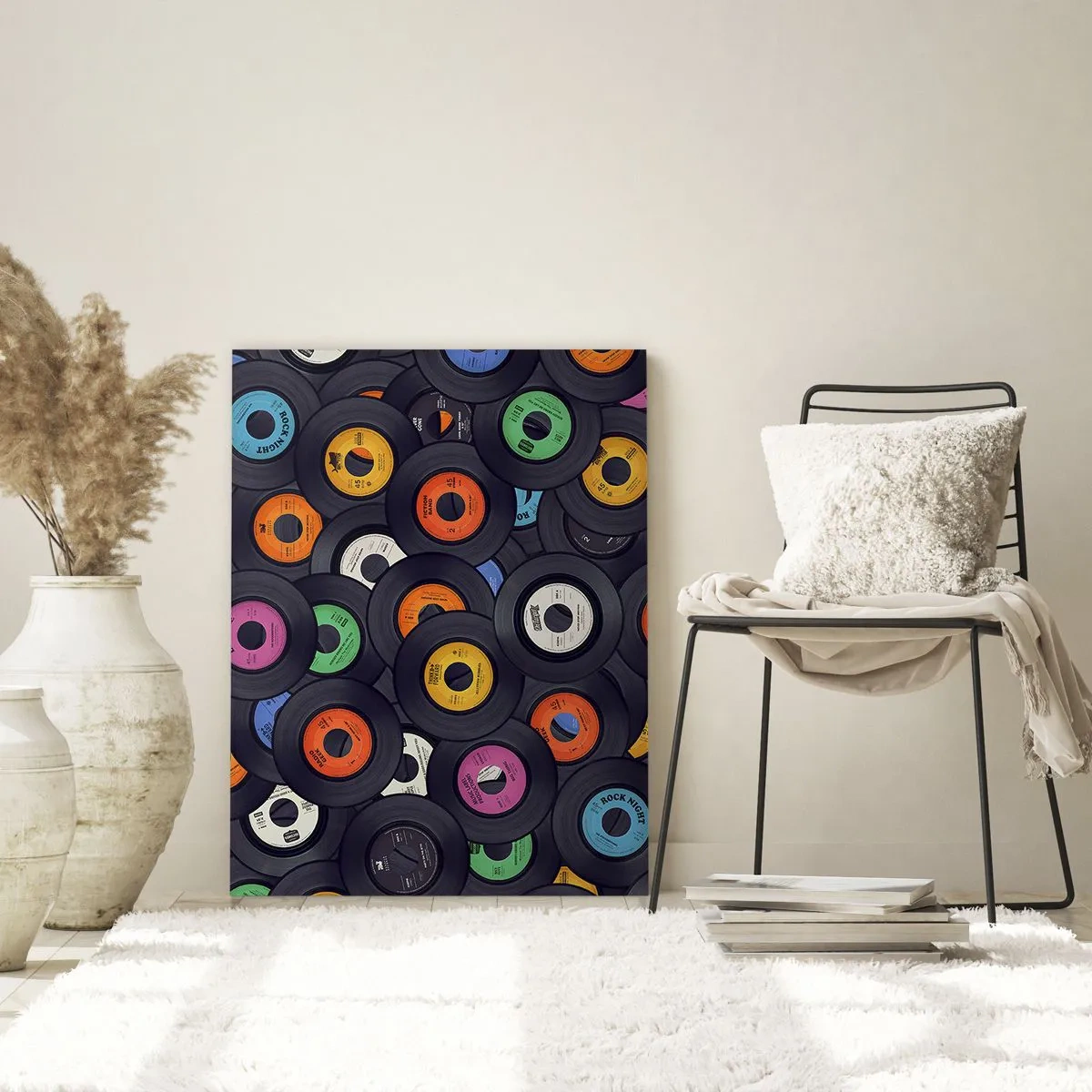 Glasbild - Bild auf glas - Bunte Vinyls übereinander gestapelt - 80x120cm - Farben der Klassiker - Moderne Wanddekoration für Wohnzimmer und Schlafzimmer ARTTOR