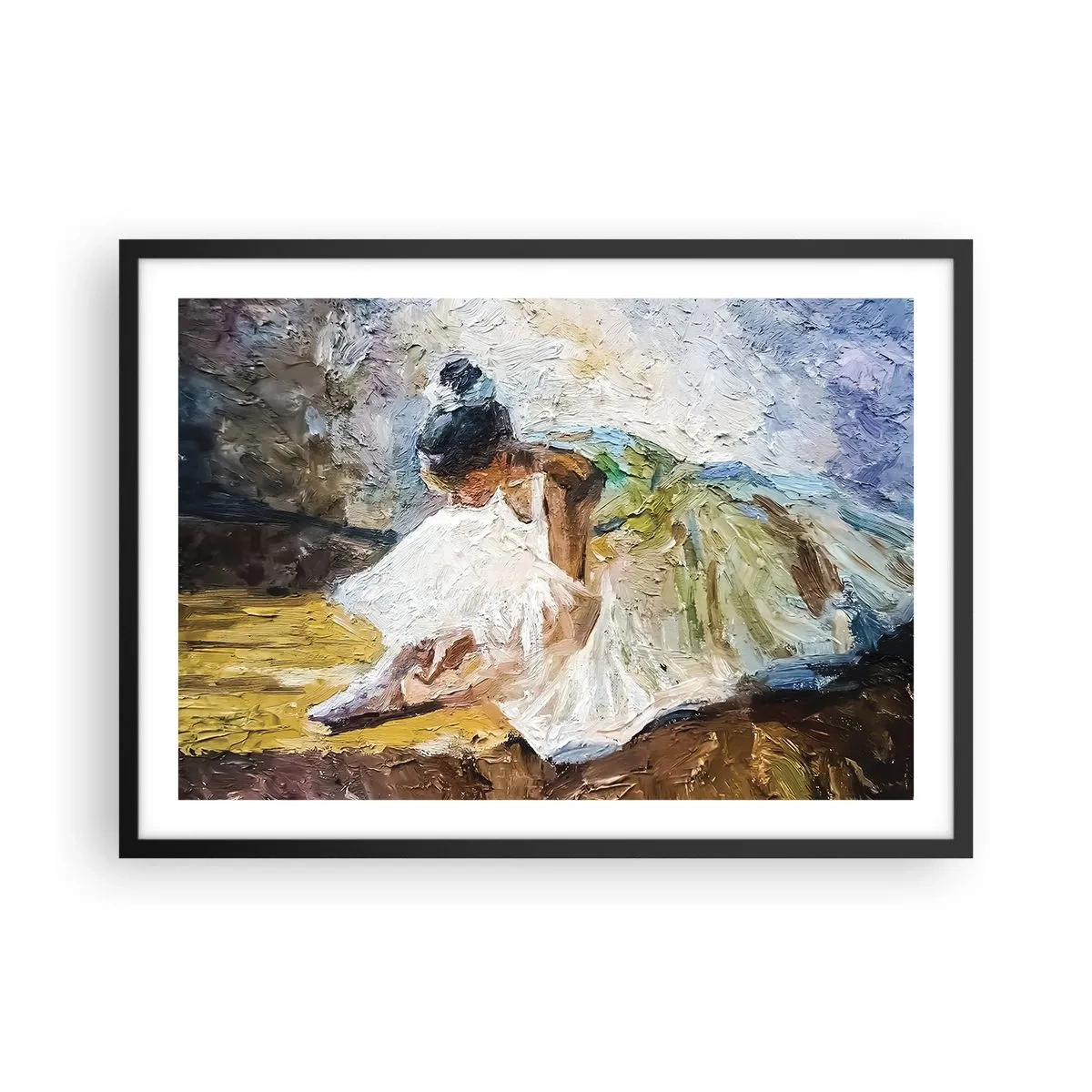Poster in einem schwarzem Rahmen - Eine Ballerina in einem weißen Kleid im malerischen Stil vor einem impressionistischen Hintergrund. - 70x50cm - Aus einem Gemälde von Degas - Moderne Wanddekoration für Wohnzimmer und Schlafzimmer ARTTOR
