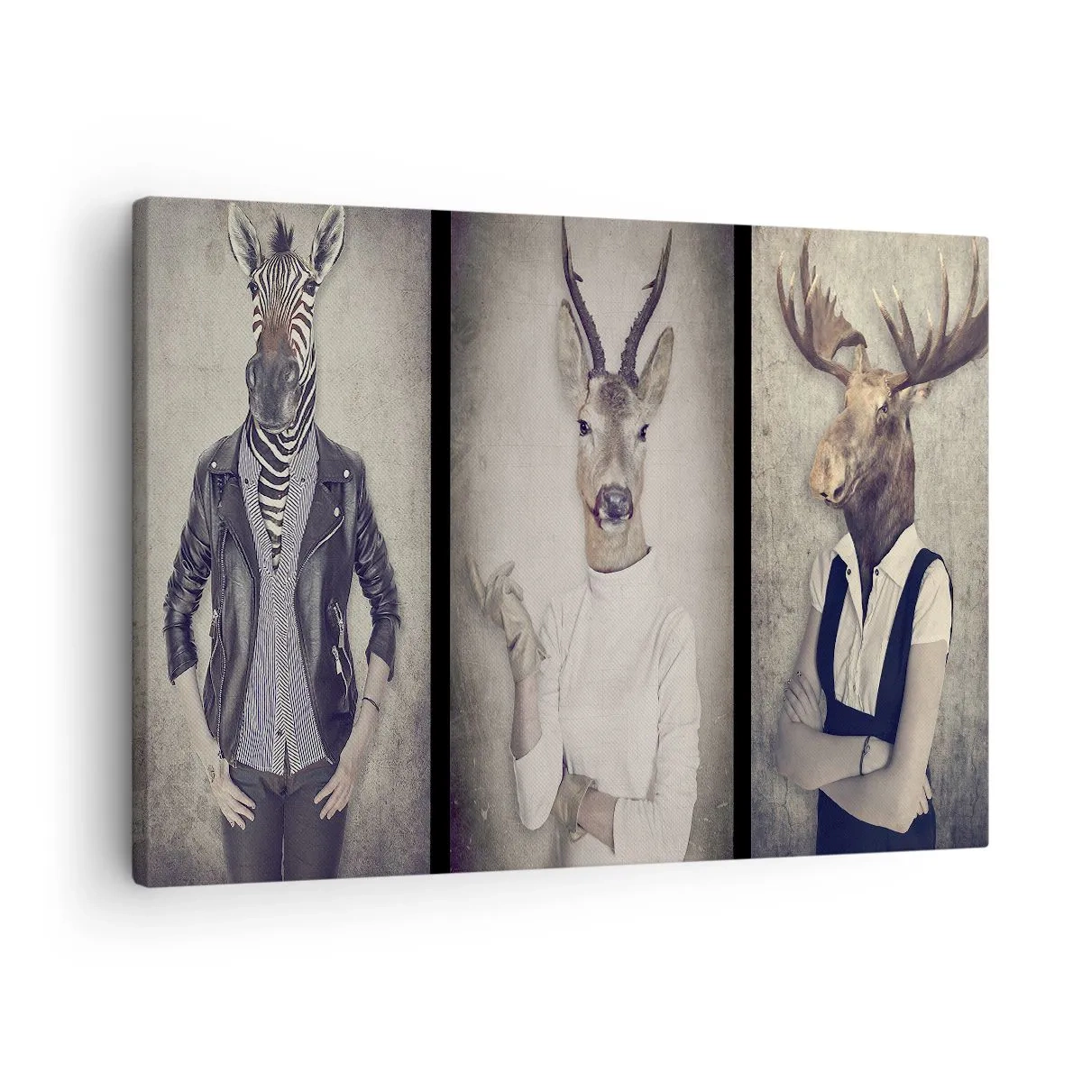 Bild auf Leinwand - Leinwandbild - Ein Triptychon mit Tierfiguren in Menschenkleidung vor künstlerischem Hintergrund - 70x50cm - Lass die Gesten sprechen - Moderne Wanddekoration für Wohnzimmer und Schlafzimmer ARTTOR