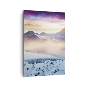 Bild auf Leinwand - Leinwandbild - Schneebedeckte Berge im Morgengrauen mit einem farbenfrohen Himmel - 70x100cm - Die Kraft und Reinheit der Natur - Moderne Wanddekoration für Wohnzimmer und Schlafzimmer ARTTOR