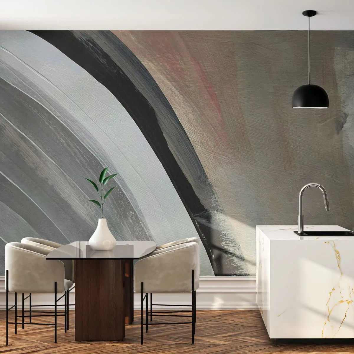 Fototapete Premium Canvas - Komposition: Bogen aus Schwarz und Grau - Abstraktion, Stück, Moderne Kunst - 150x105 cm