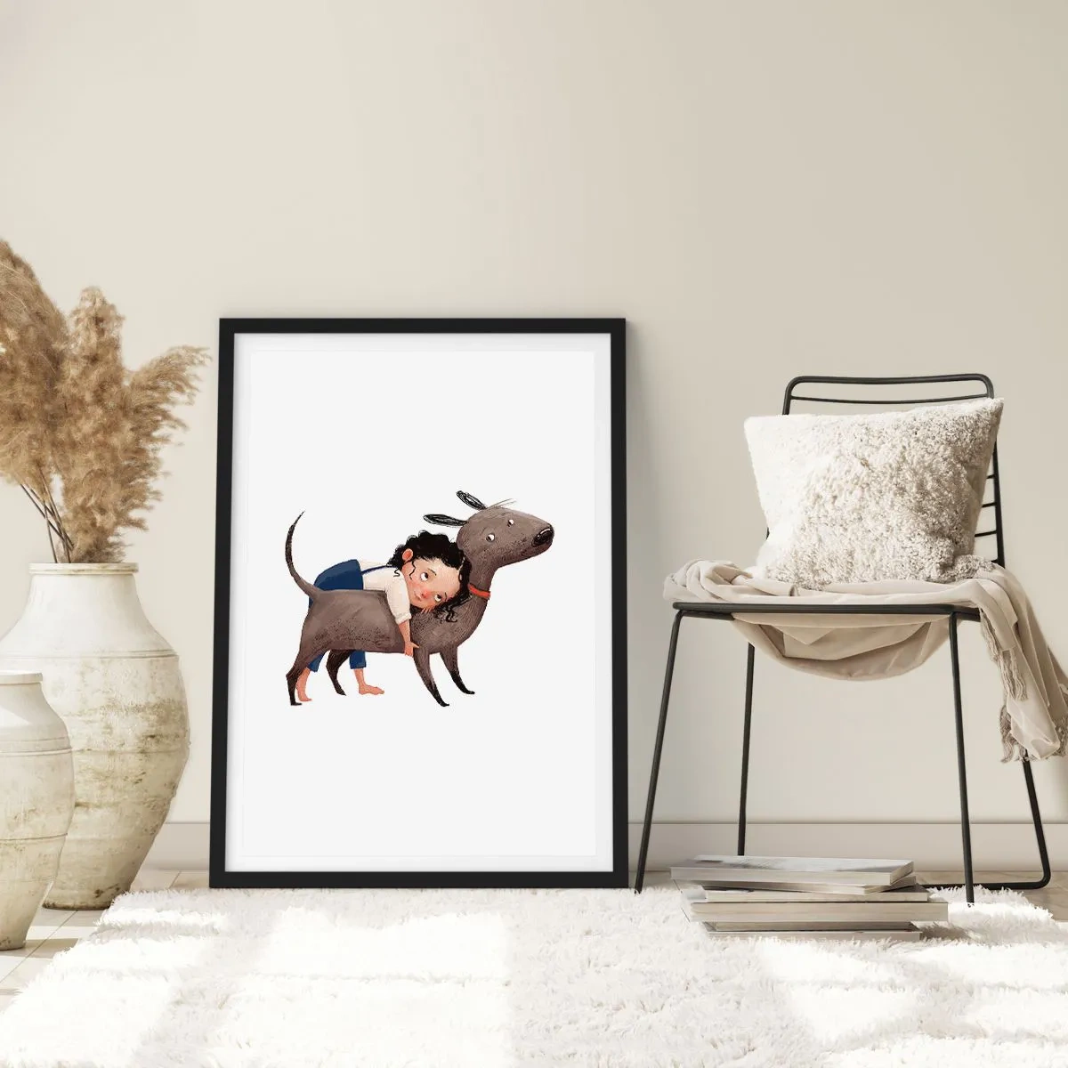Poster in einem schwarzem Rahmen - Illustration eines Kindes, das einen Hund auf weißem Hintergrund umarmt - 50x70cm - Beste Freunde - Moderne Wanddekoration für Wohnzimmer und Schlafzimmer ARTTOR