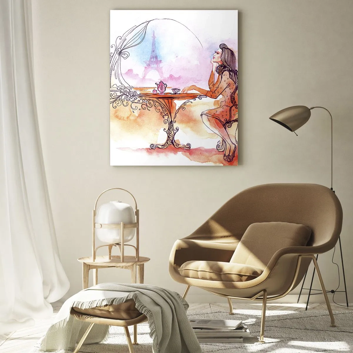 Glasbild - Bild auf glas - Eine Frau an einem Tisch mit Blick auf den Eiffelturm in Pastelltönen - 50x70cm - Pariser Chic - Moderne Wanddekoration für Wohnzimmer und Schlafzimmer ARTTOR