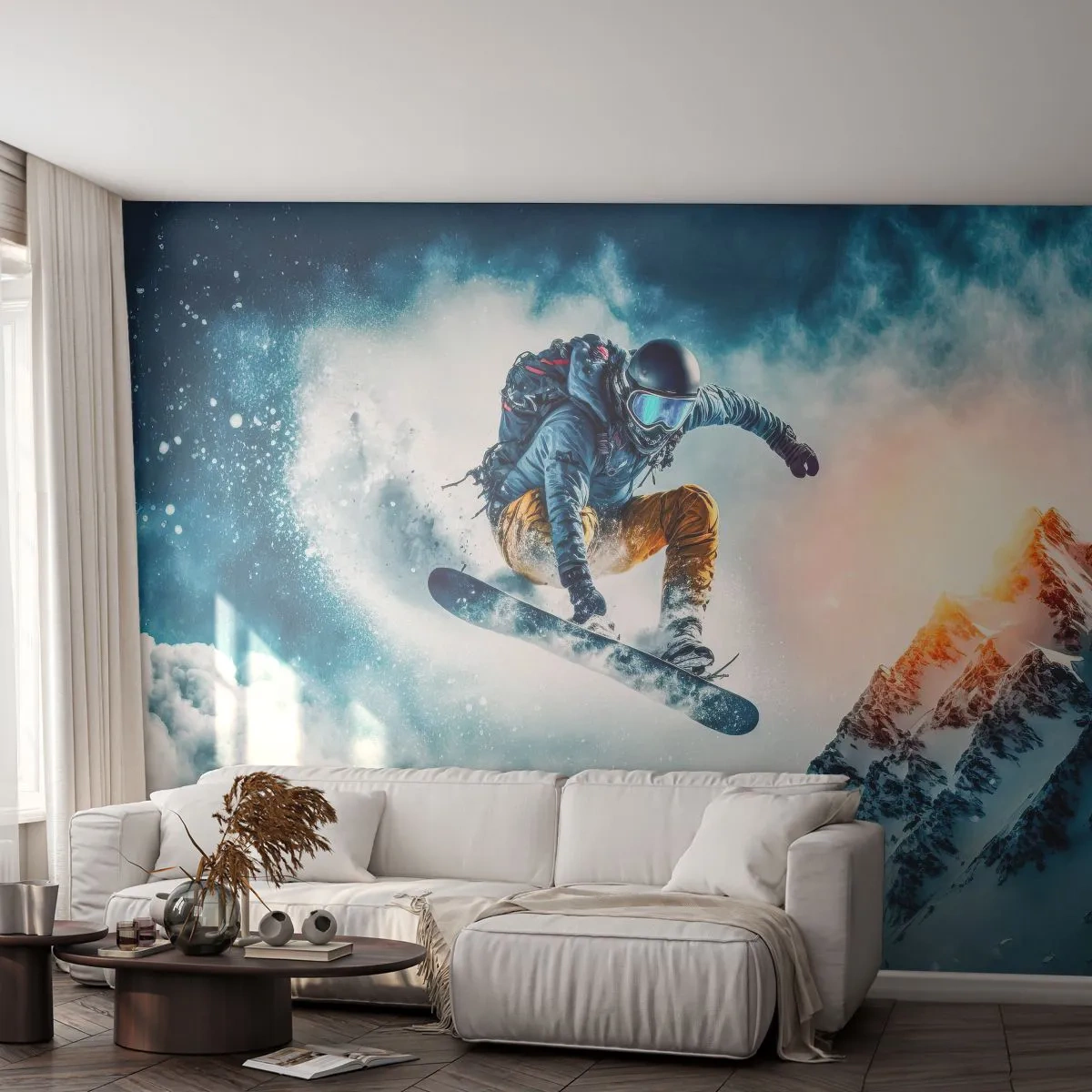 Fototapete Premium Sand - Ein Snowboarder fliegt über schneebedeckte Berge - 100x70cm - Extreme Emotionen - Moderne Wanddekoration für Wohnzimmer und Schlafzimmer ARTTOR