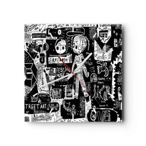 Wanduhr - Glasuhr - Von der Straßenkunst inspirierte Schwarz-Weiß-Collage - 30x30cm - Spirituelle Jugend des Gesetzes und der Freude - Moderne Wanddekoration für Wohnzimmer und Schlafzimmer ARTTOR