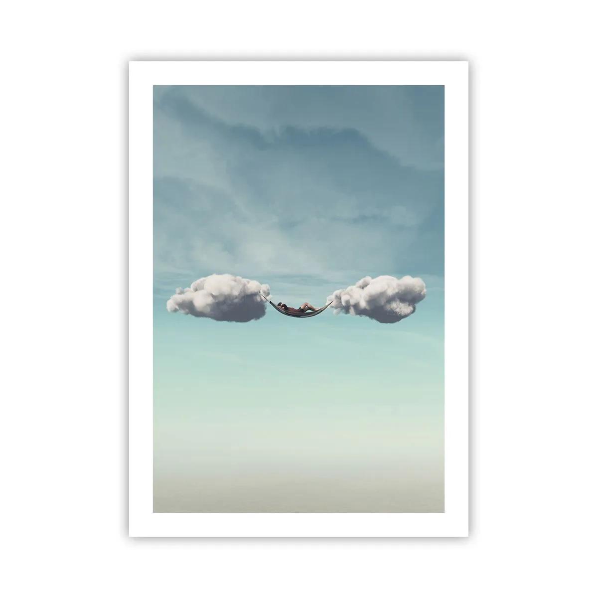 Poster - Eine Hängematte, die zwischen zwei Wolken am Himmel hängt - 50x70cm - Die Behaglichkeit des Augenblicks - Moderne Wanddekoration für Wohnzimmer und Schlafzimmer ARTTOR