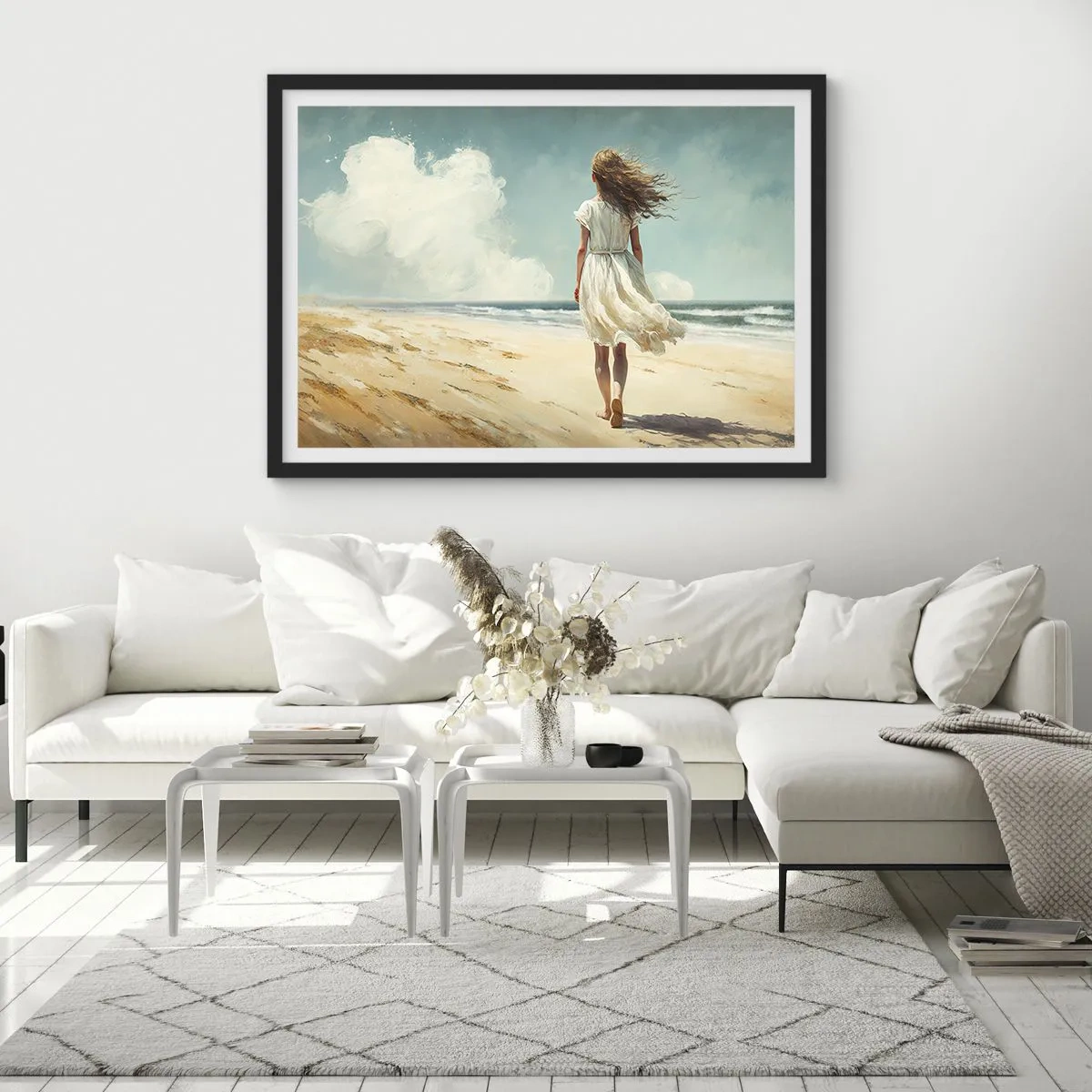 Poster in einem schwarzem Rahmen - Eine Frau in einem weißen Kleid geht an einem sonnigen Tag am Strand spazieren - 70x50cm - Der Sonne und dem Wind begegnen - Moderne Wanddekoration für Wohnzimmer und Schlafzimmer ARTTOR