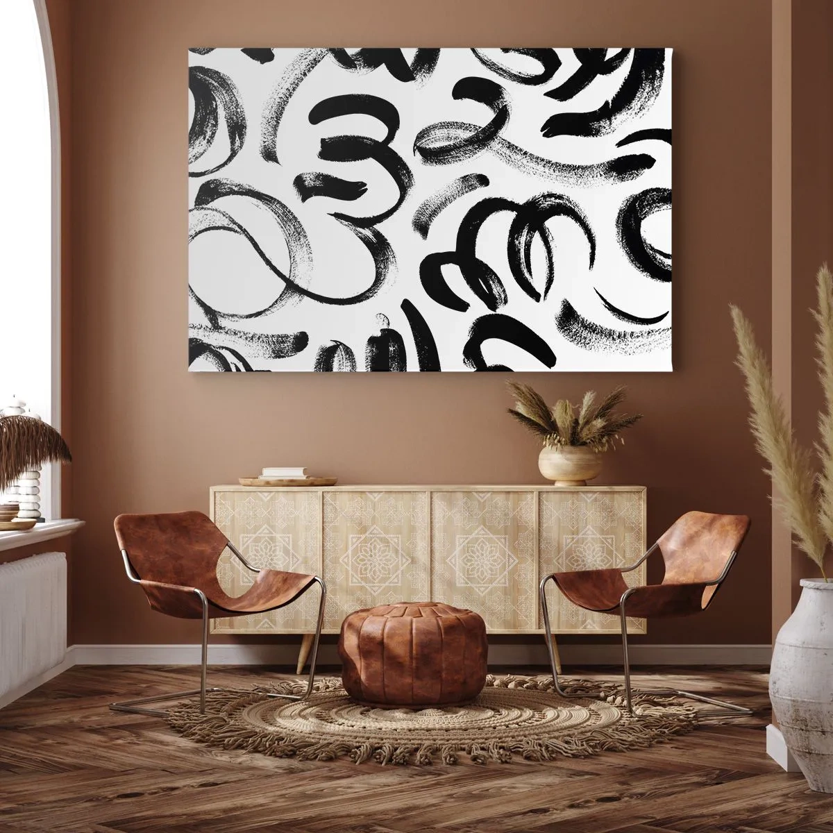 Bild auf Leinwand - Leinwandbild - Schwarze abstrakte Pinselstriche auf weißem Hintergrund - 100x70cm - Schwarz auf Weiß - Moderne Wanddekoration für Wohnzimmer und Schlafzimmer ARTTOR