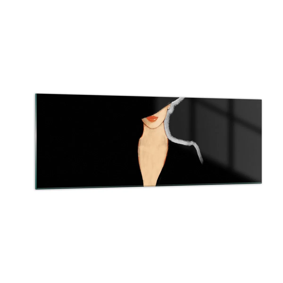 Glasbild - Bild auf glas - Silhouette einer Frau mit Hut auf schwarzem Hintergrund - 140x50cm - Eleganz und Stil - Moderne Wanddekoration für Wohnzimmer und Schlafzimmer ARTTOR