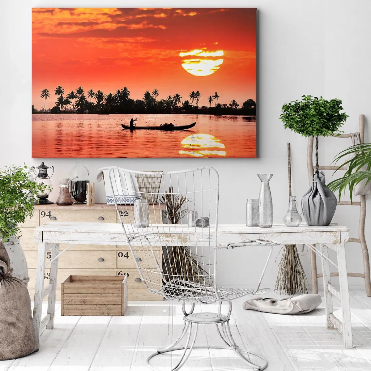 Bild auf Leinwand - Leinwandbild - Tropischer Sonnenuntergang mit einem Boot und Palmen im Hintergrund - 100x70cm - Die Ruhe der Tropen bei Sonnenuntergang - Moderne Wanddekoration für Wohnzimmer und Schlafzimmer ARTTOR