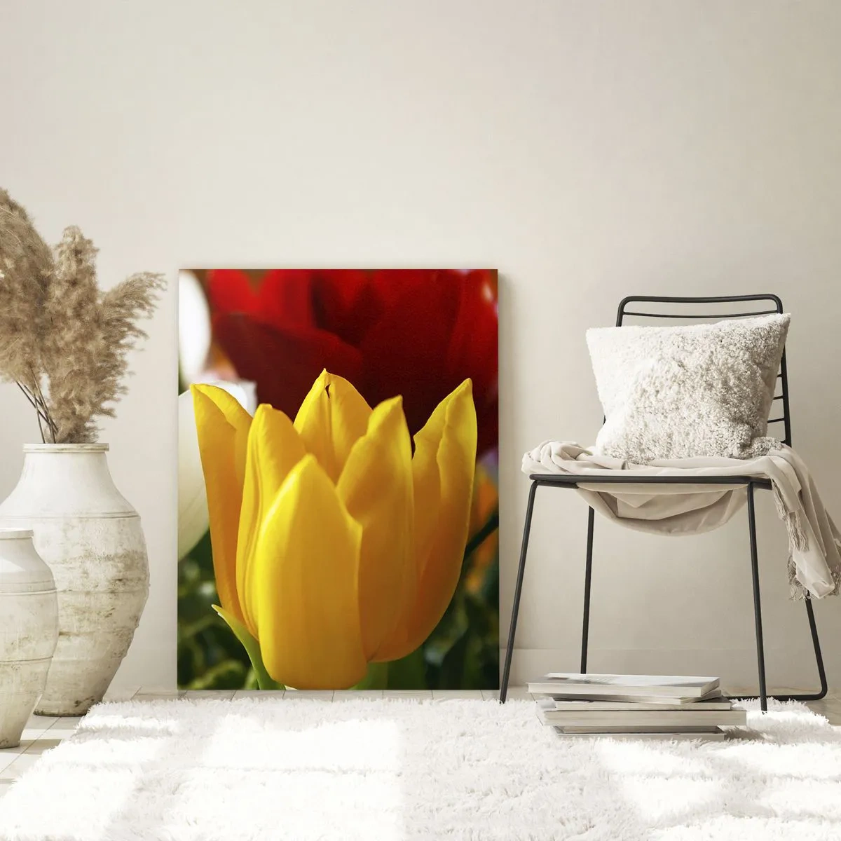 Glasbild - Bild auf glas - Nahaufnahme von bunten Tulpen vor einem Frühlingshintergrund - 70x100cm - Tulpenfieber - Moderne Wanddekoration für Wohnzimmer und Schlafzimmer ARTTOR