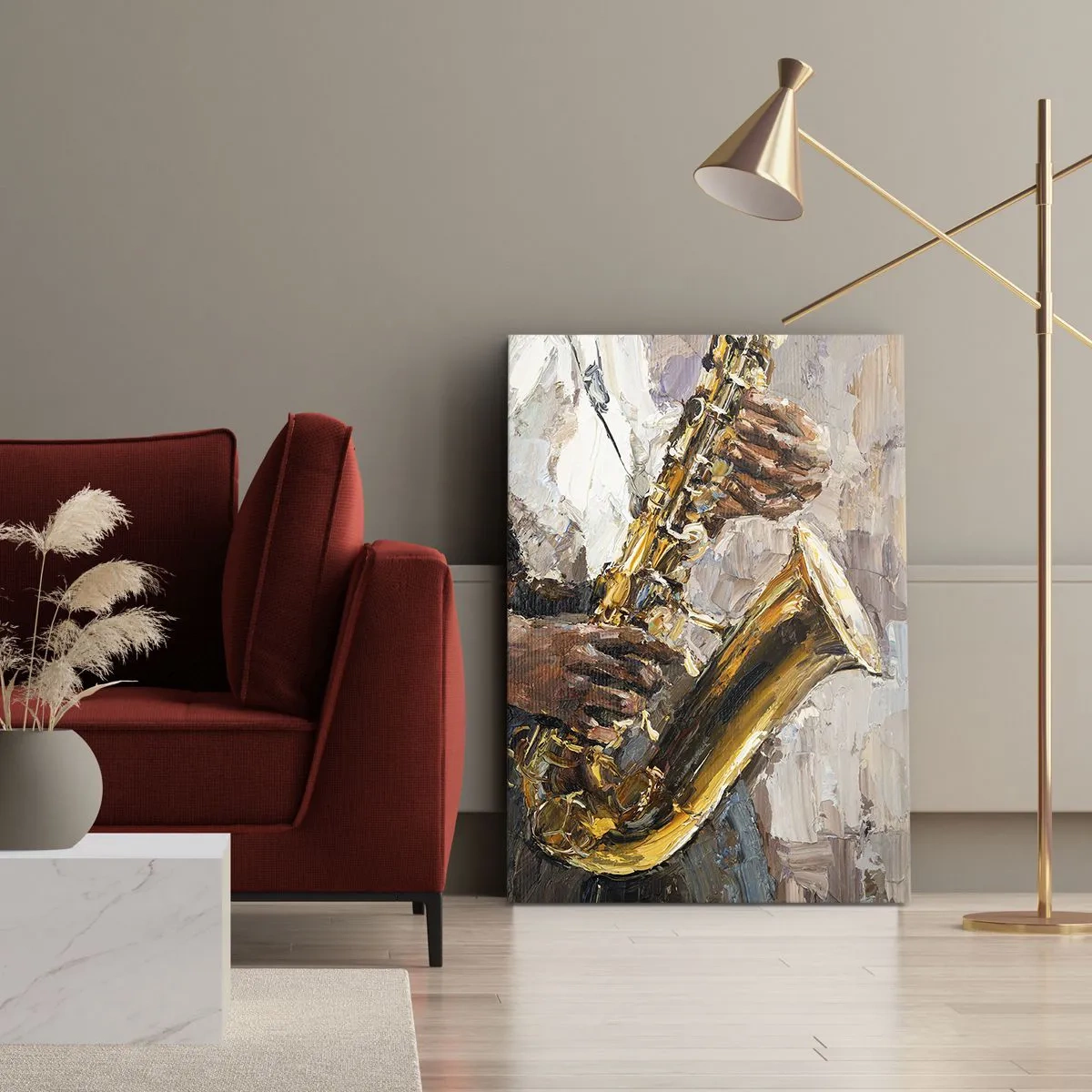 Bild auf Leinwand - Leinwandbild - Ein Musiker, der Saxophon in einem künstlerischen Stil spielt - 50x70cm - Zeit fürs Solo - Moderne Wanddekoration für Wohnzimmer und Schlafzimmer ARTTOR