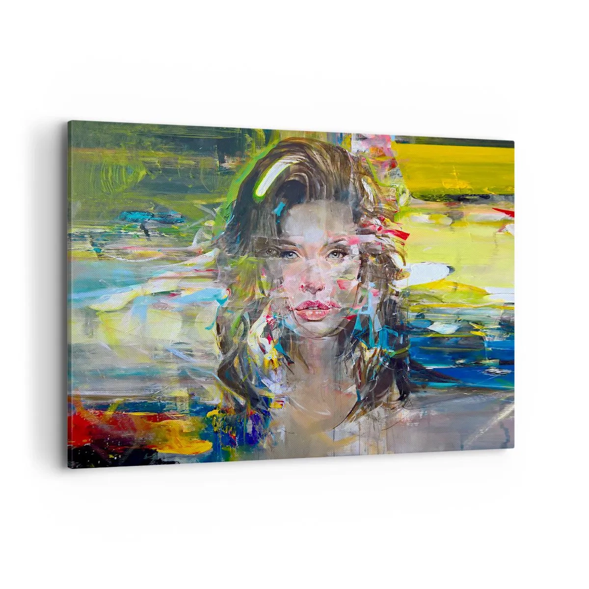 Bild auf Leinwand - Leinwandbild - Abstraktes Frauenporträt in intensiven Farben - 100x70cm - Hinter der Luft ein Vorhang - Moderne Wanddekoration für Wohnzimmer und Schlafzimmer ARTTOR