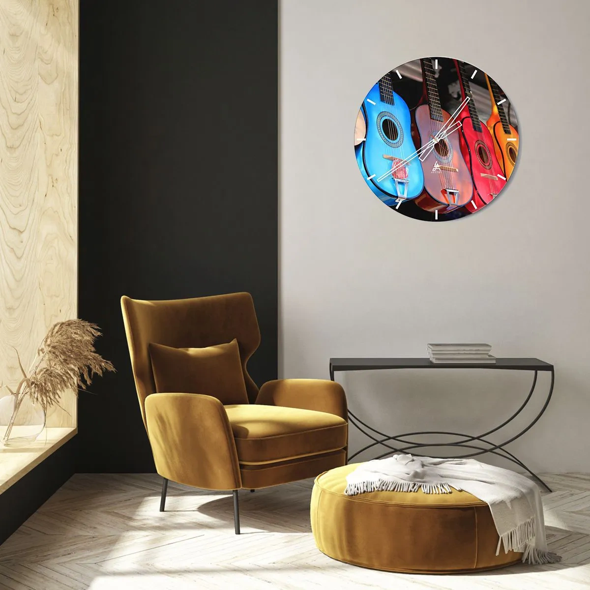 Wanduhr - Glasuhr - Bunte Gitarren in verschiedenen Farbtönen auf dunklem Hintergrund - 30x30cm - Lateinische Atmosphäre - Moderne Wanddekoration für Wohnzimmer, Küche und Schlafzimmer ARTTOR