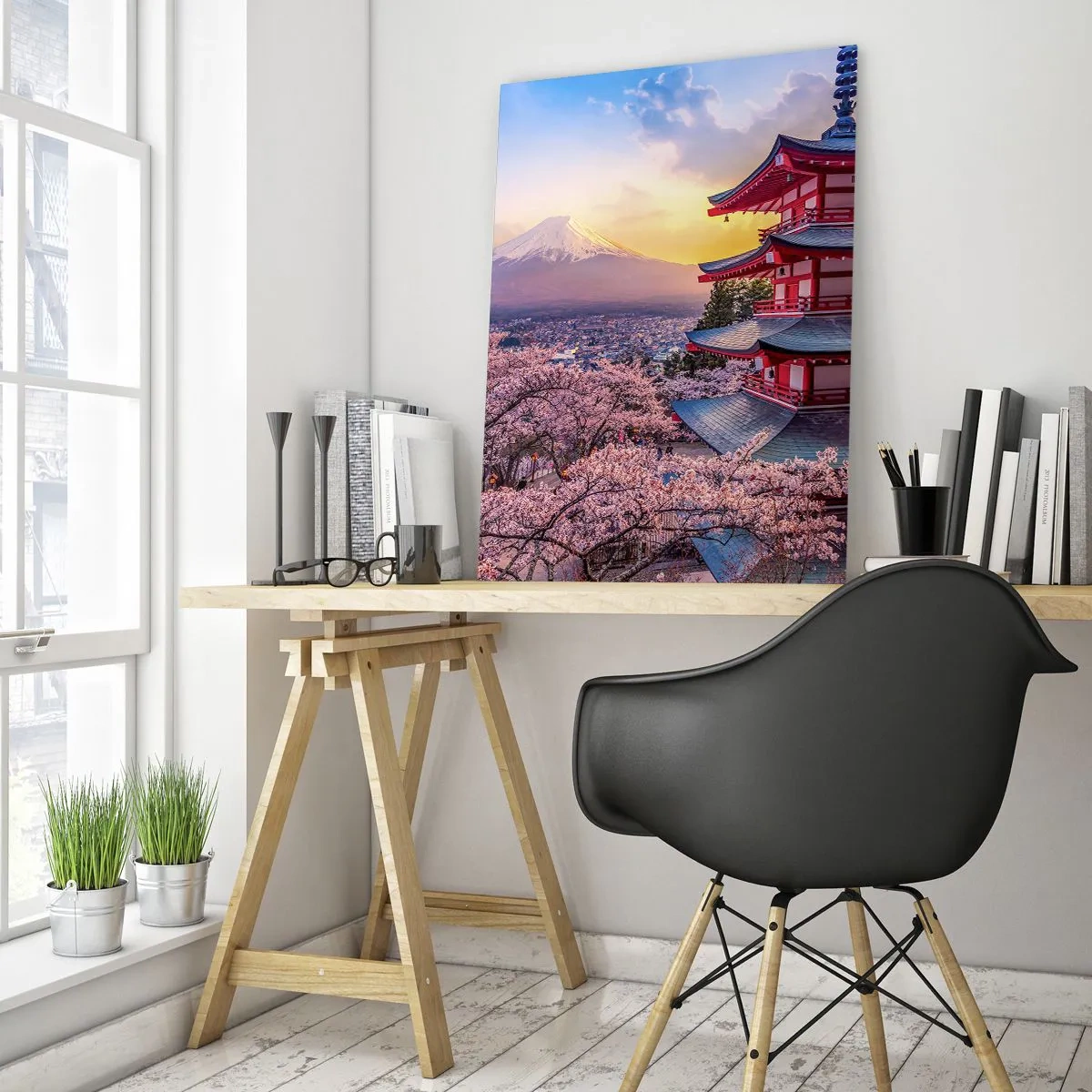 Glasbild - Bild auf glas - Eine Pagode in einer japanischen Landschaft mit Blick auf den Berg Fuji und blühende Bäume - 50x70cm - Die Essenz des japanischen Geistes - Moderne Wanddekoration für Wohnzimmer und Schlafzimmer ARTTOR