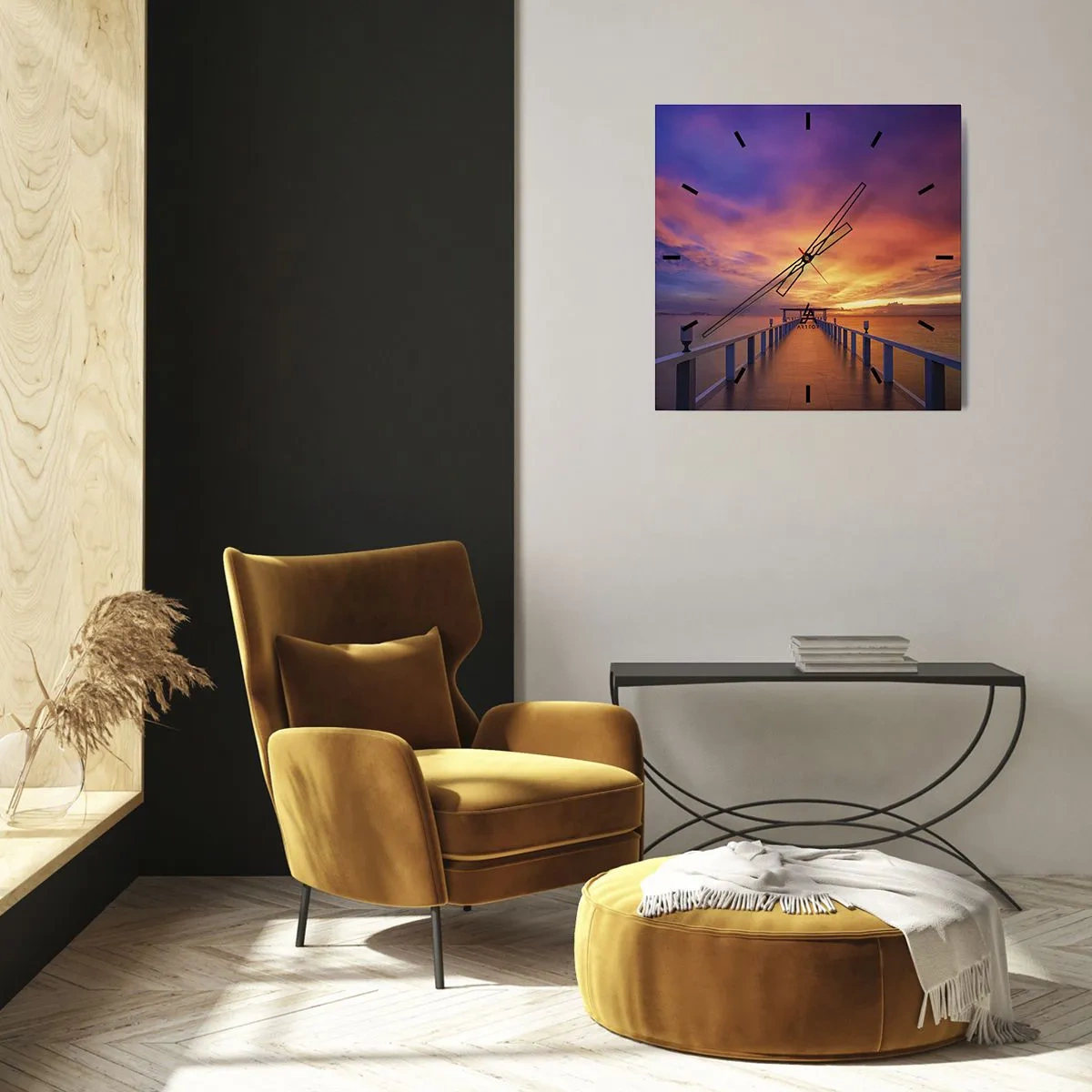 Wanduhr - Glasuhr - Ein Steg, der bei Sonnenuntergang aufs Meer hinausführt - 30x30cm - Ohne Ende - Moderne Wanddekoration für Wohnzimmer und Schlafzimmer ARTTOR