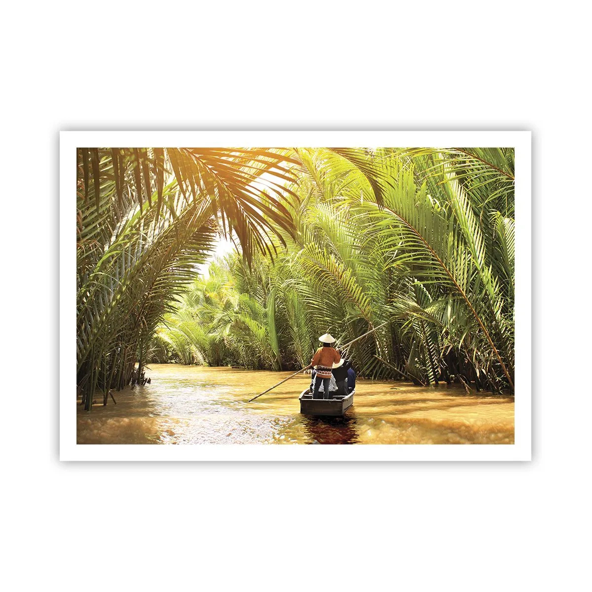 Poster - Ein Boot auf einem Fluss, umgeben von tropischer Vegetation - 100x70cm - Eine Palmenschlucht entlang - Moderne Wanddekoration für Wohnzimmer und Schlafzimmer ARTTOR