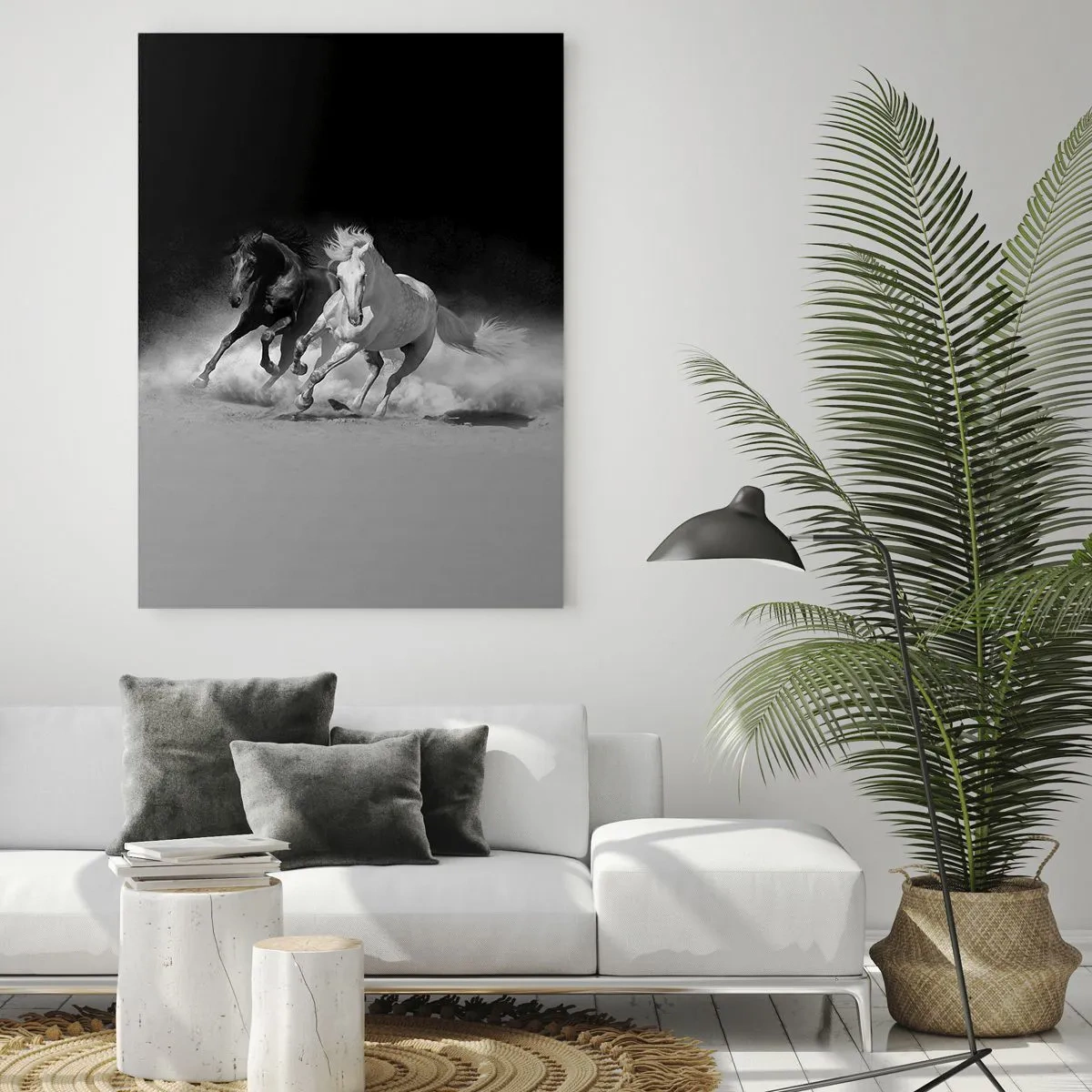 Glasbild - Bild auf glas - Laufende Pferde in Schwarz und Weiß - 80x120cm - Galopp der Freiheit - Moderne Wanddekoration für Wohnzimmer und Schlafzimmer ARTTOR