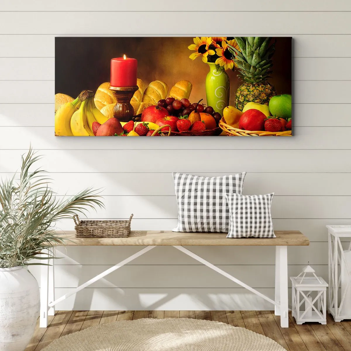 Bild auf Leinwand - Leinwandbild - Stillleben mit Brot und Obst - 100x40 cm
