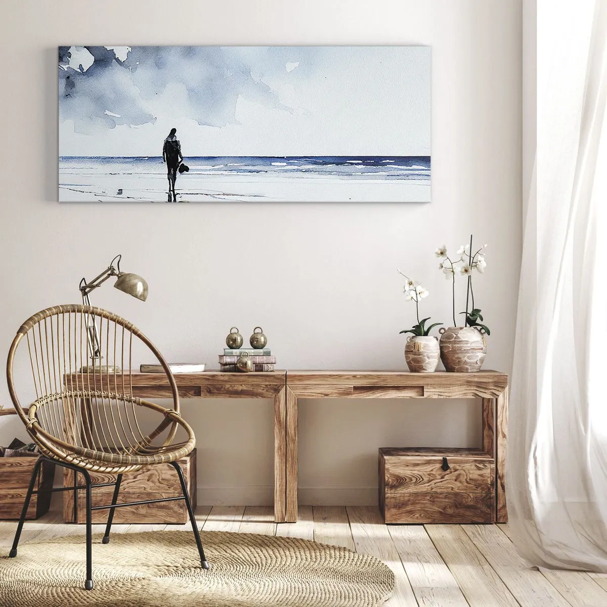 Bild auf Leinwand - Leinwandbild - Eine Figur an einem Strand in einer ruhigen Meeresumgebung - 120x50cm - Gespräch mit dem Meer - Moderne Wanddekoration für Wohnzimmer und Schlafzimmer ARTTOR