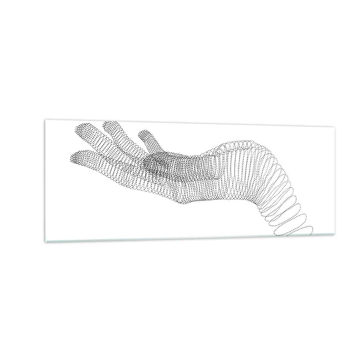 Glasbild - Bild auf glas - Eine minimalistische Illustration einer Hand aus schwarzen Punkten auf weißem Hintergrund. - 140x50cm - Federnde Hand - Moderne Wanddekoration für Wohnzimmer und Schlafzimmer ARTTOR
