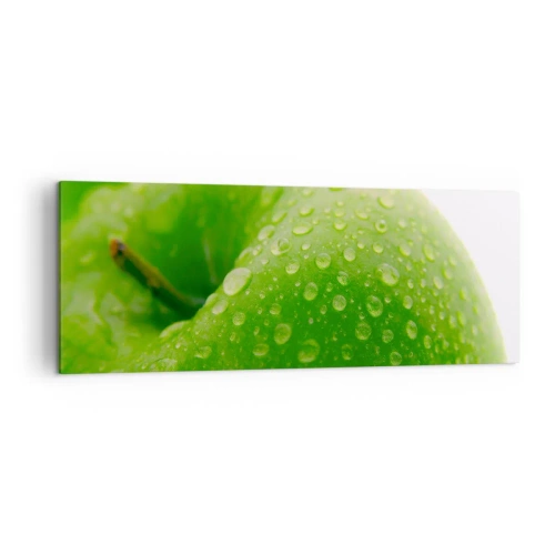 Bild auf Leinwand - Leinwandbild - Nahaufnahme eines grünen Apfels mit Wassertropfen - 140x50cm - Grüne kühle Frische - Moderne Wanddekoration für Wohnzimmer und Schlafzimmer ARTTOR