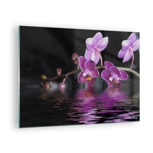 Glasbild - Bild auf glas - Lila Orchideen spiegeln sich im Wasser - 70x50cm - Lila Spiegelbild der Schönheit - Moderne Wanddekoration für Wohnzimmer und Schlafzimmer ARTTOR