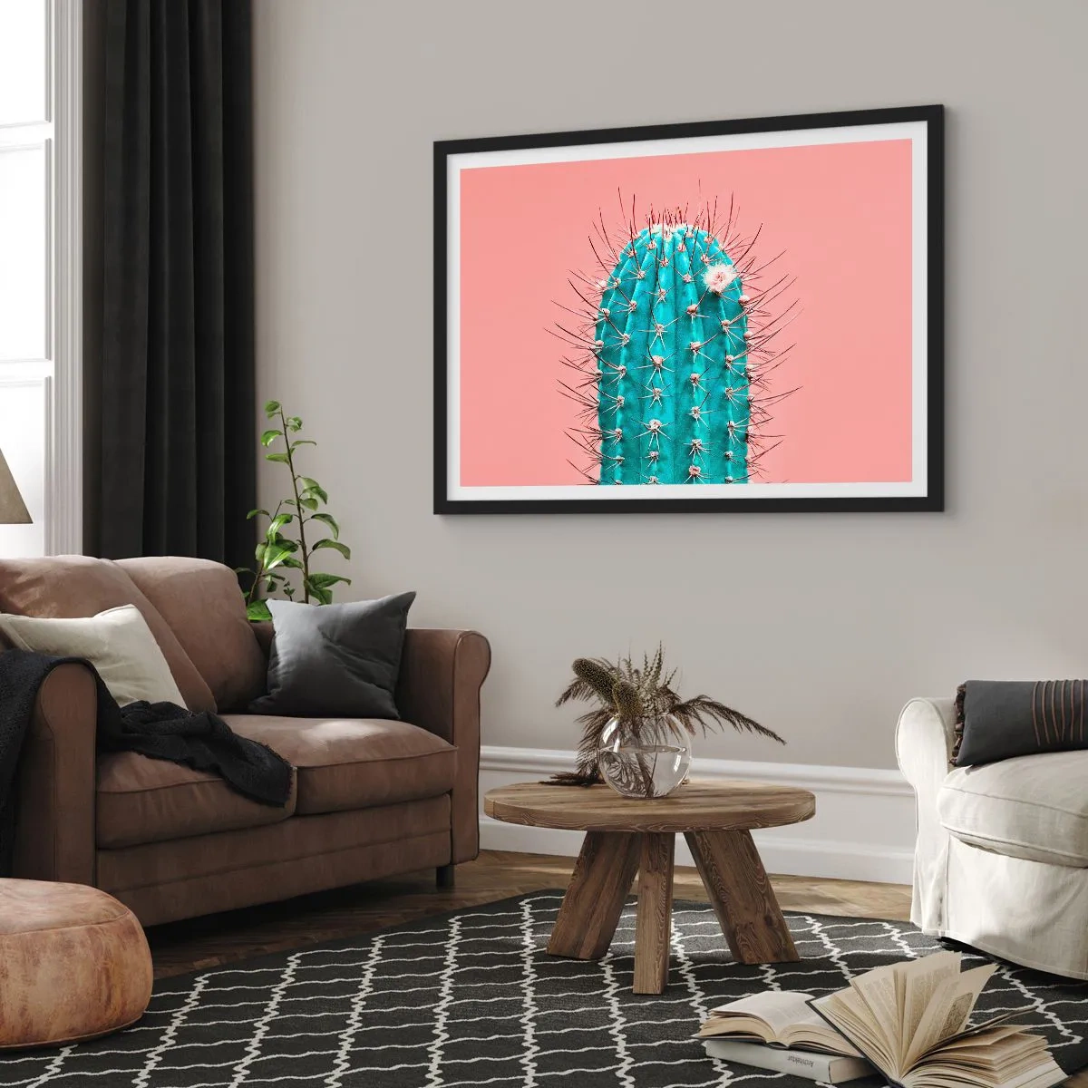 Poster in einem schwarzem Rahmen - Eine künstlerische Interpretation eines Kaktus auf rosa Hintergrund - 70x50cm - Schau einfach hin - Moderne Wanddekoration für Wohnzimmer und Schlafzimmer ARTTOR