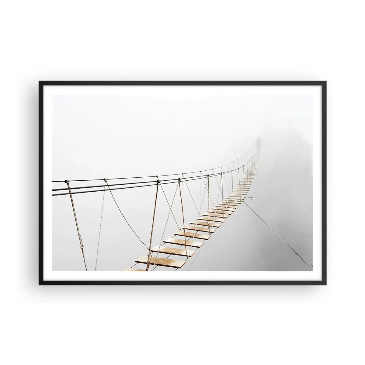 Poster in einem schwarzem Rahmen - Eine Hängebrücke im Nebel aus minimalistischer Perspektive - 100x70cm - Wohin wird es dich führen? - Moderne Wanddekoration für Wohnzimmer und Schlafzimmer ARTTOR