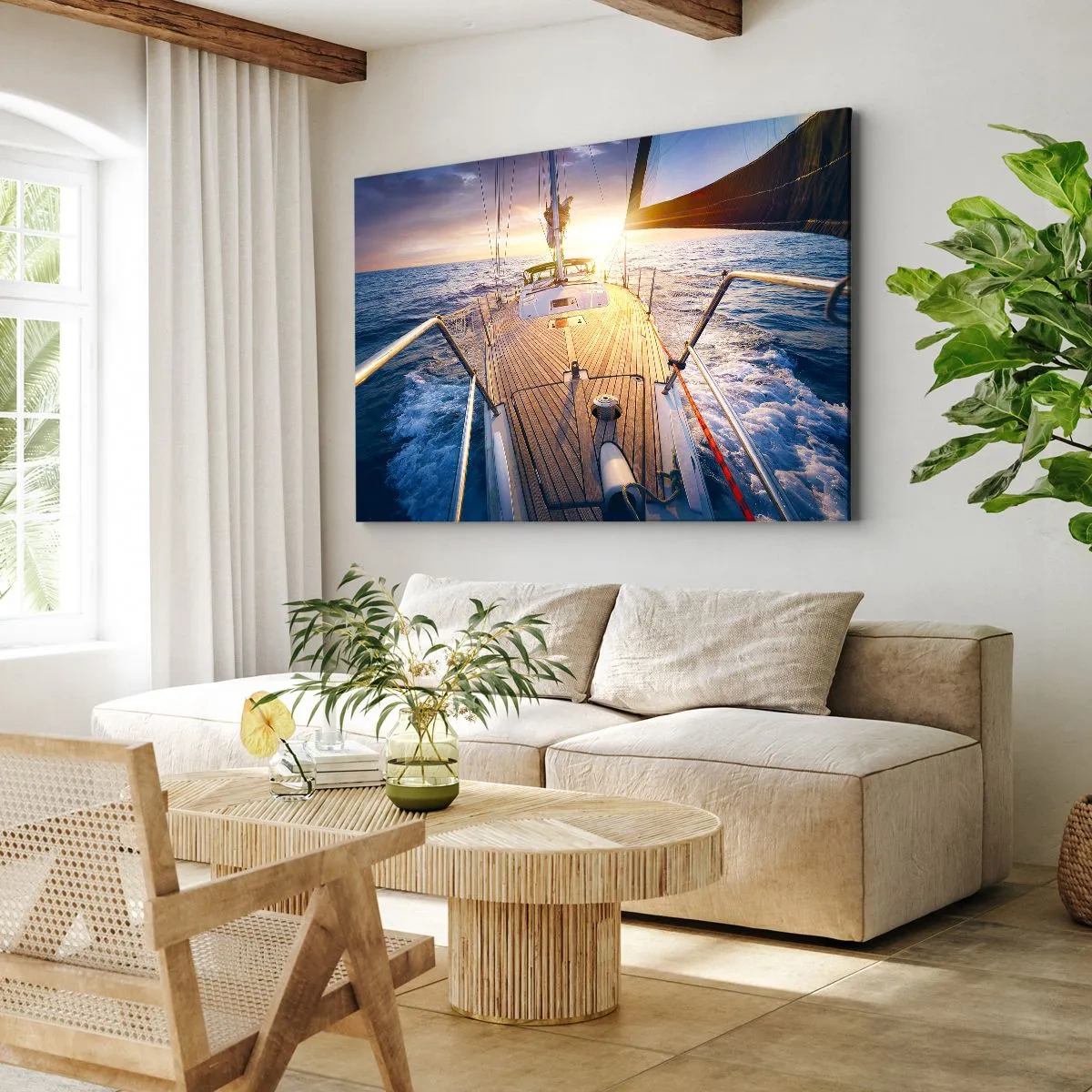 Bild auf Leinwand - Leinwandbild - Yacht auf See bei Sonnenuntergang - 120x80cm - Laufen unter den Wellen - Moderne Wanddekoration für Wohnzimmer und Schlafzimmer ARTTOR