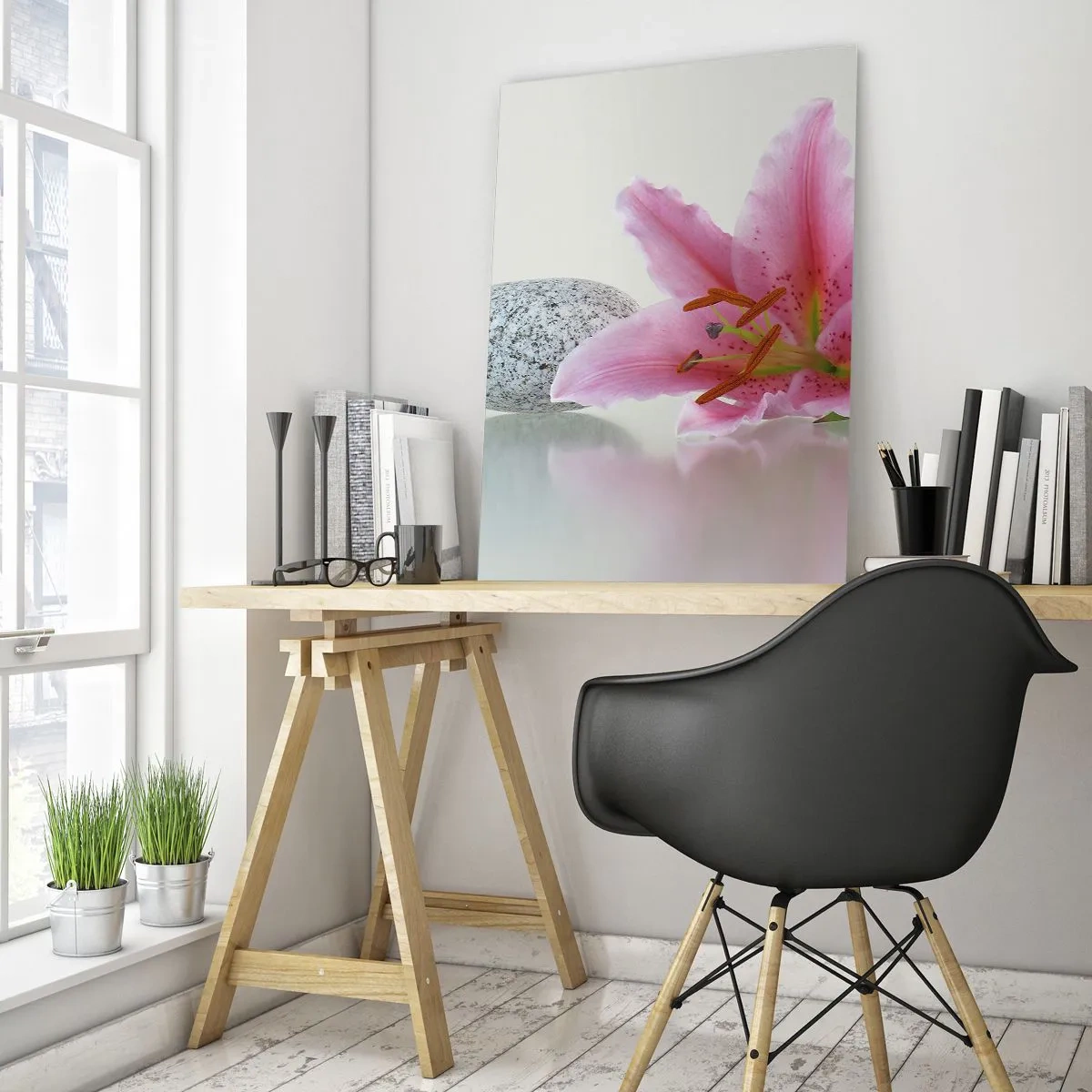 Glasbild - Bild auf glas - Rosa Lilienblüte mit Steinen auf hellem Hintergrund - 70x100cm - Eine Studie in Pink, Grau und Weiß - Moderne Wanddekoration für Wohnzimmer und Schlafzimmer ARTTOR