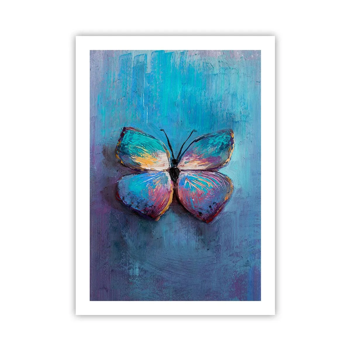 Poster - Ein Schmetterling in intensiven Farben auf blauem Hintergrund - 50x70cm - In all seiner Pracht - Moderne Wanddekoration für Wohnzimmer und Schlafzimmer ARTTOR