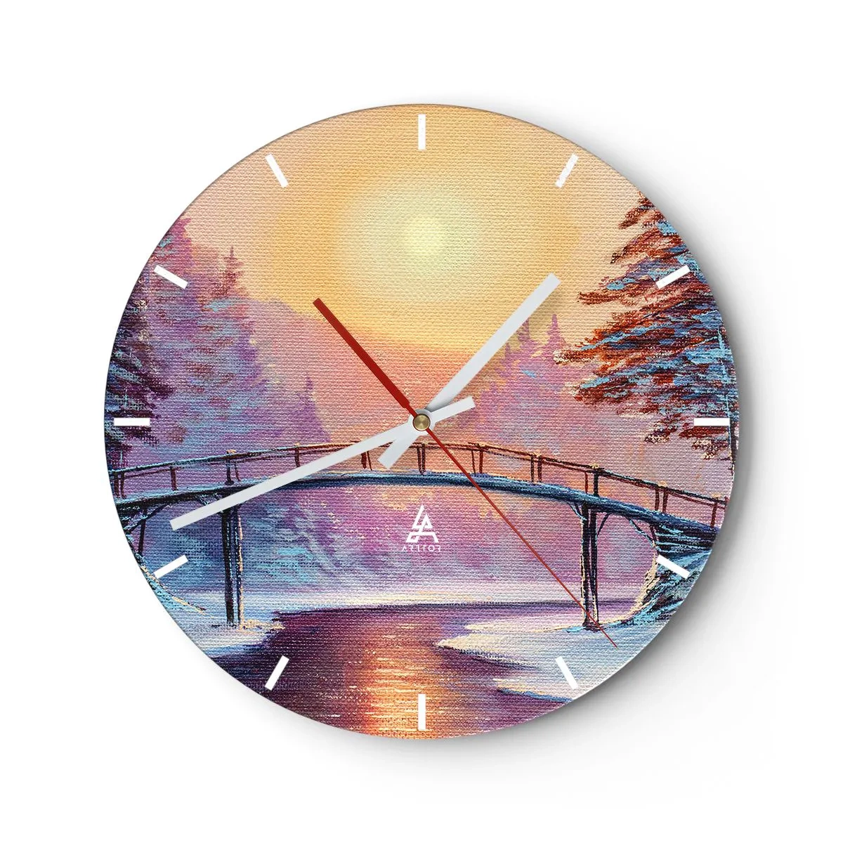 Wanduhr - Glasuhr - Eine Brücke über einen Fluss bei Sonnenuntergang in einer Winterlandschaft - 30x30cm - Vier Jahreszeiten - Winter - Moderne Wanddekoration für Wohnzimmer, Küche und Schlafzimmer ARTTOR