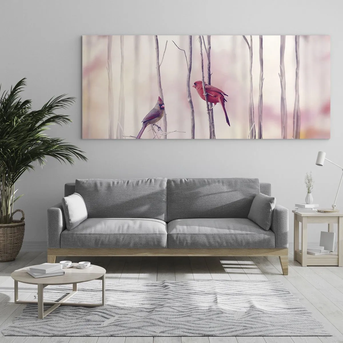Glasbild - Bild auf glas - Ein Kardinalspaar sitzt auf Ästen in einer pastellfarbenen Landschaft - 160x50cm - Geschichte vom rosa Wald - Moderne Wanddekoration für Wohnzimmer und Schlafzimmer ARTTOR