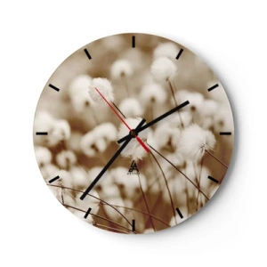 Wanduhr - Glasuhr - Flauschige weiße Pflanzen vor einer nebligen Sepia-Wiese - 30x30cm - Flauschiges Kornfeld - Moderne Wanddekoration für Wohnzimmer, Küche und Schlafzimmer ARTTOR