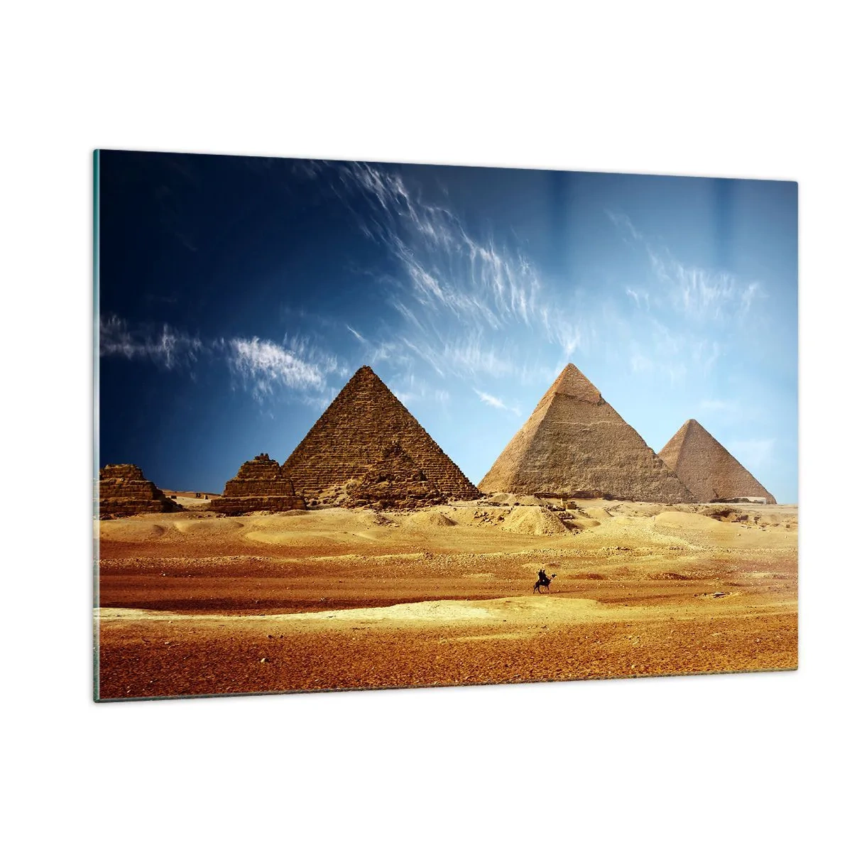 Glasbild - Bild auf glas - Die Pyramiden von Gizeh vor dem blauen Himmel - 120x80cm - 40 Jahrhunderte schauen dich an - Moderne Wanddekoration für Wohnzimmer und Schlafzimmer ARTTOR