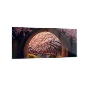 Glasbild - Bild auf glas - Eine traditionelle japanische Brücke, umgeben von Kirschblüten - 120x50cm - Japanischer Frühling - Moderne Wanddekoration für Wohnzimmer und Schlafzimmer ARTTOR