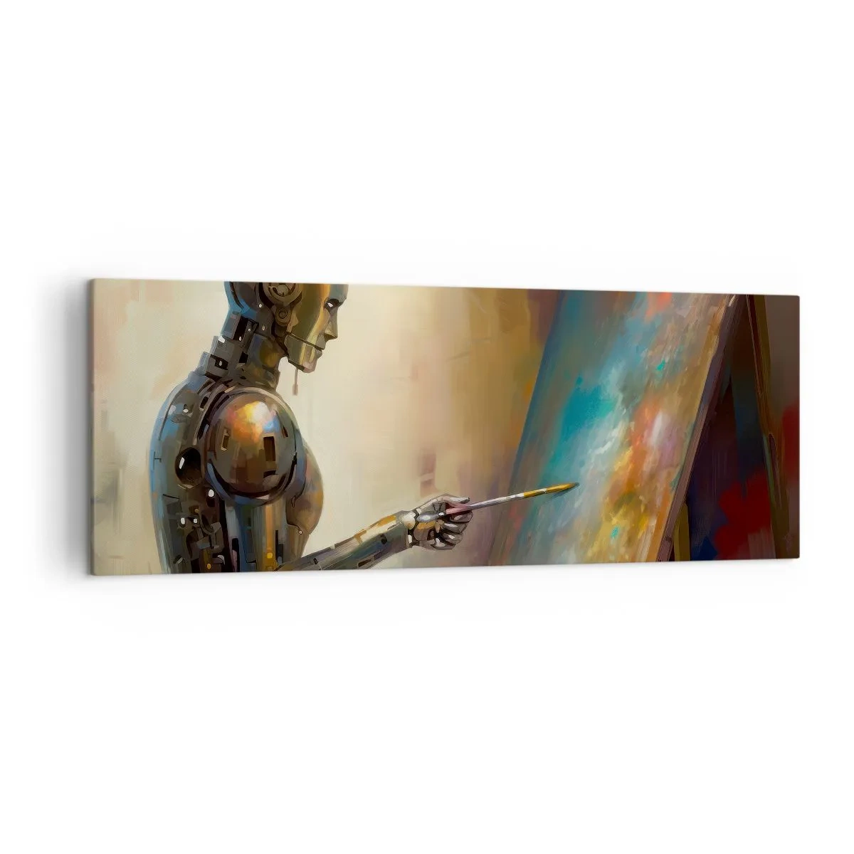 Bild auf Leinwand - Leinwandbild - Ein Roboter, der im künstlerischen Stil auf einer Leinwand malt - 140x50cm - Die Kunst der Zukunft - Moderne Wanddekoration für Wohnzimmer und Schlafzimmer ARTTOR
