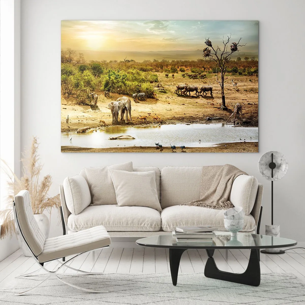 Glasbild - Bild auf glas - Elefanten und Tiere an einer Wasserstelle vor dem Hintergrund einer afrikanischen Landschaft - 70x50cm - Ein Fluss floss aus Eden ... - Moderne Wanddekoration für Wohnzimmer und Schlafzimmer ARTTOR