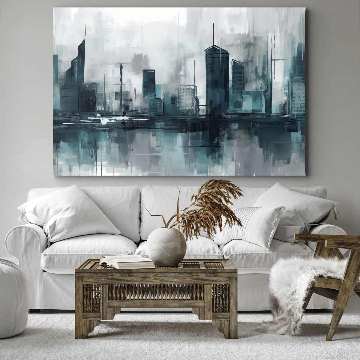 Bild auf Leinwand - Leinwandbild - Eine moderne Stadt in Türkis- und Grautönen - 70x50cm - Eine Stadt in der Farbe des Regens - Moderne Wanddekoration für Wohnzimmer und Schlafzimmer ARTTOR