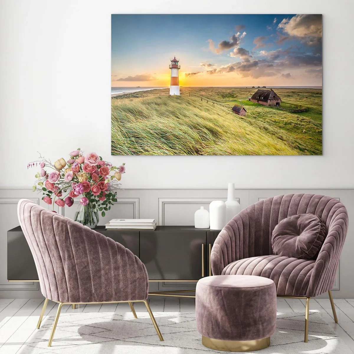 Glasbild - Bild auf glas - Ein Leuchtturm in der untergehenden Sonne über einem stürmischen Meer - 70x50cm - Zwischen den Wellen - Moderne Wanddekoration für Wohnzimmer und Schlafzimmer ARTTOR
