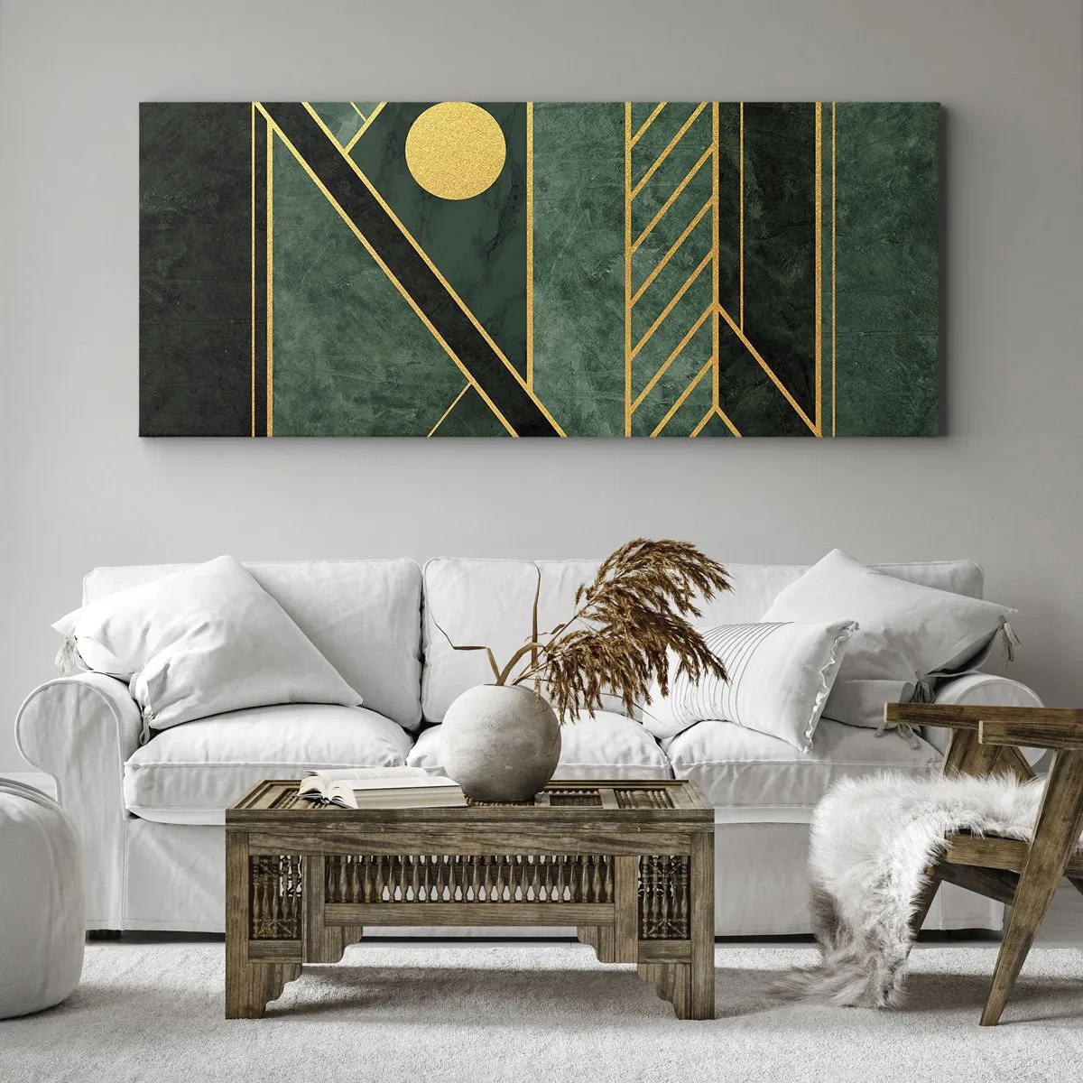 Bild auf Leinwand - Leinwandbild - Grünes und goldenes geometrisches Design mit elegantem Muster - 120x50cm - Dynamik von Gold und Azurblau - Moderne Wanddekoration für Wohnzimmer und Schlafzimmer ARTTOR
