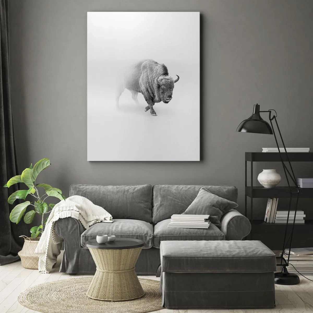 Bild auf Leinwand - Leinwandbild - Weißer Bison in minimalistischem Ambiente - 80x120cm - König der Prärie - Moderne Wanddekoration für Wohnzimmer und Schlafzimmer ARTTOR