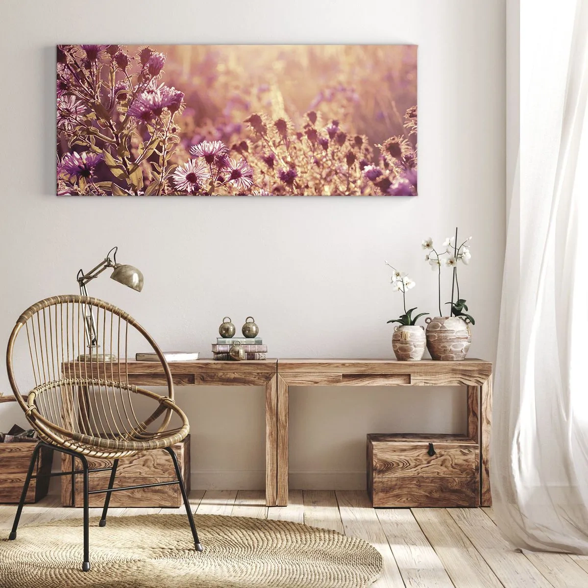 Bild auf Leinwand - Leinwandbild - Wiese im Licht der untergehenden Sonne - 160x50cm - Bevor der Sommer vorbei ist - Moderne Wanddekoration für Wohnzimmer und Schlafzimmer ARTTOR