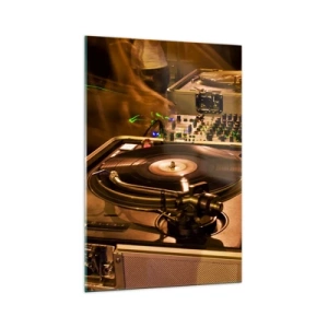 Glasbild - Bild auf glas - DJ-Equipment mit Plattenspieler und Mixer während einer Party - 70x100cm - Kannst du die Kraft spüren? - Moderne Wanddekoration für Wohnzimmer und Schlafzimmer ARTTOR